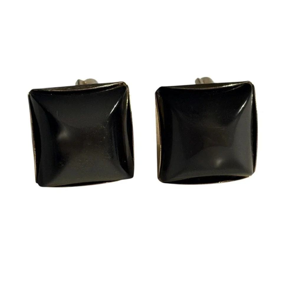 Dark Gray Square Cufflinks Men's Gold Tone Vintage Lucite Acrylic Formal Classic
